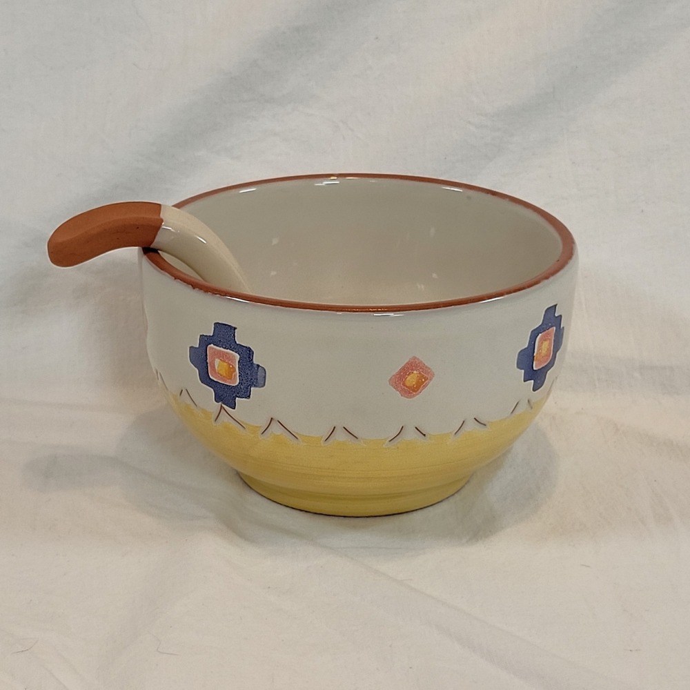 Santa Fe Dip Bowl and Ladle Set Cream Southwestern Geometric Ceramic Portugal